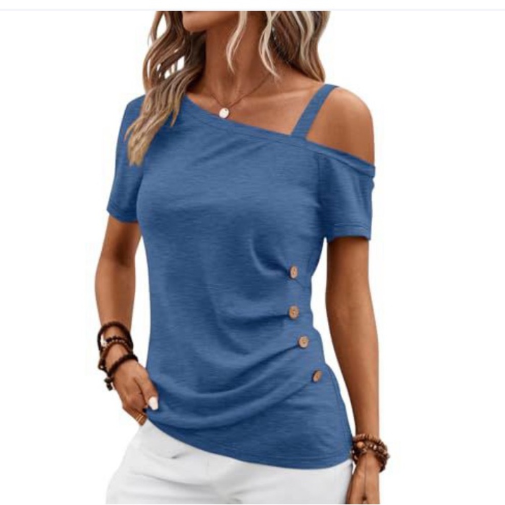 Blue Asymmetrical Buttoned Short Sleeve Tee